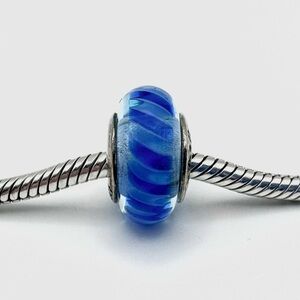 Pandora Retired Blue Striped Murano Glass & Sterling Silver Charm